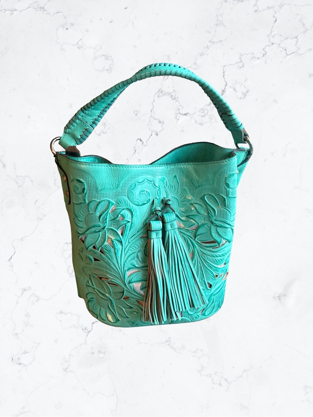 Patricia Nash 10 Anniverary Turquoise Floral Tooled Leather Bucket Shoulder Bag